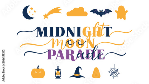 Obraz na płótnie Midnight Moon Parade: A whimsical collection of Halloween-themed icons and stylized text announces a Midnight Moon Parade, evoking a sense of playful mystery and festive anticipation