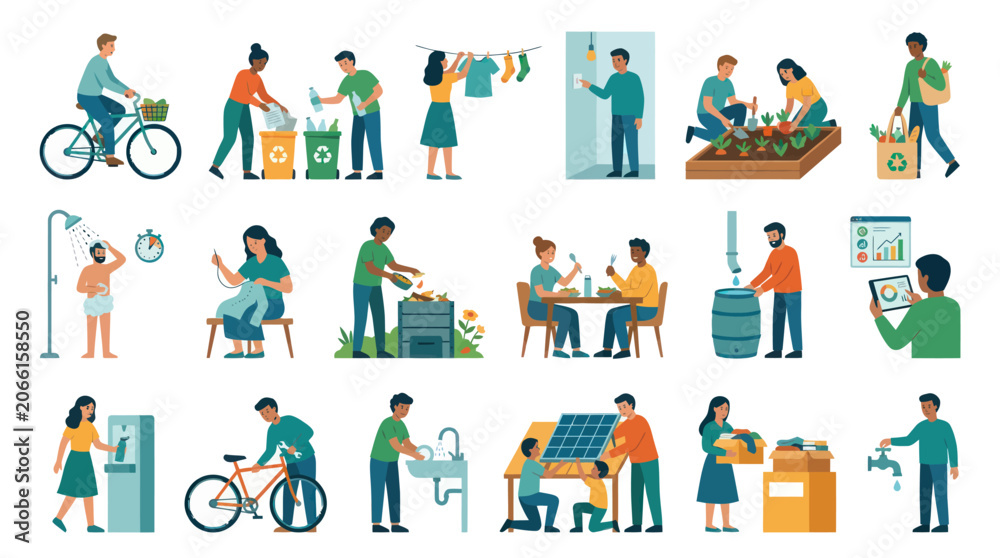 Fototapeta premium Eco-Friendly Sustainable Lifestyle Flat Vector Set: Green Energy, Recycling, Water Conservation, Waste Reduction
