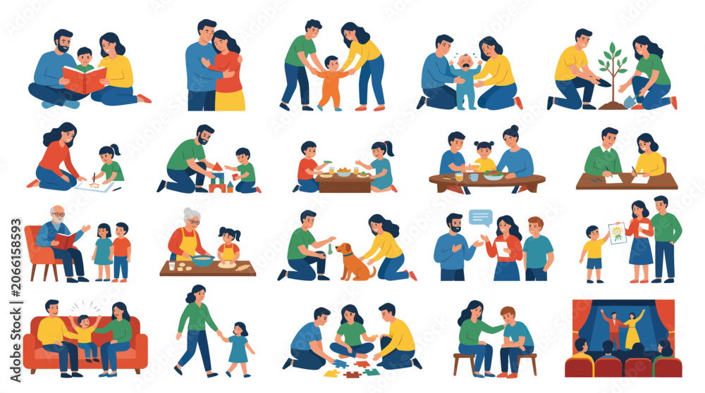 Fototapeta premium Family Life and Parenting Activities Flat Illustration. Parents and Children Bonding, Learning, Playing, Growing. Childhood Development Vector.