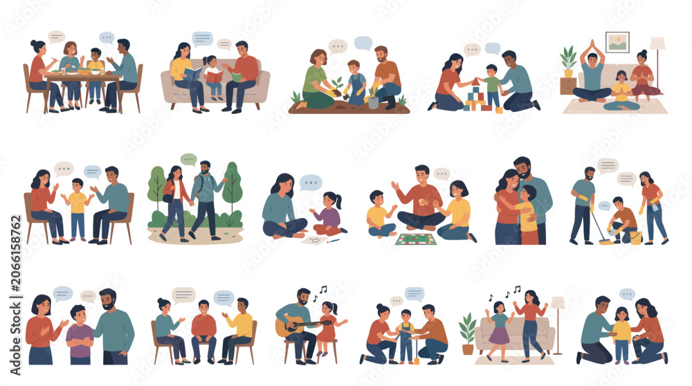 Fototapeta premium Diverse Family Activities Vector Illustrations, Flat Design Style