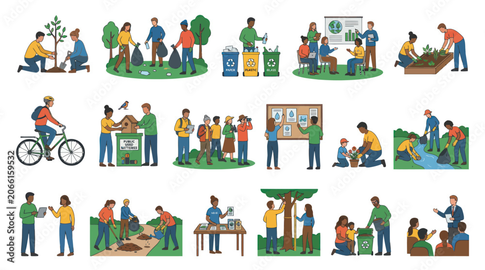 Fototapeta premium Environmental Protection Sustainability Flat Vector Illustration Set: People Engaging in Eco-friendly Activities