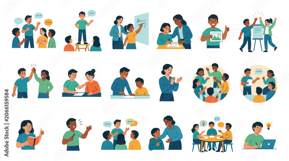 Fototapeta premium Flat Vector Illustrations: Diverse Kids, Students Teachers Engaged in Education and Learning Activities