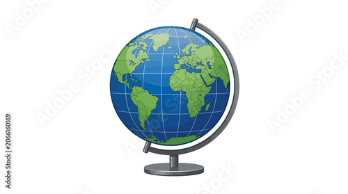The globe sits on a stand showing the world map from a side view