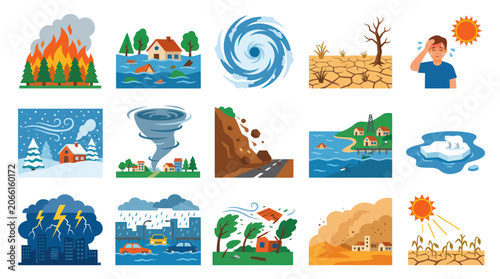 Flat Vector Icon Set: Natural Disasters, Weather Events  Climate Change Effects Illustrations
