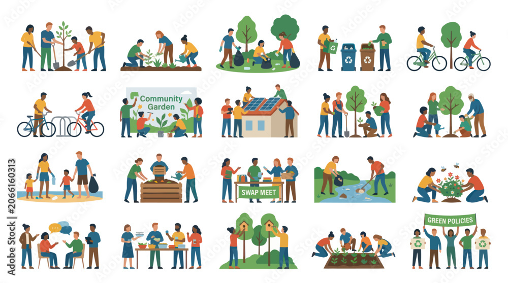Naklejka premium Diverse People Engage in Green Activities: Planting, Recycling, Biking, Community Garden, Swap Meet, Eco-Friendly