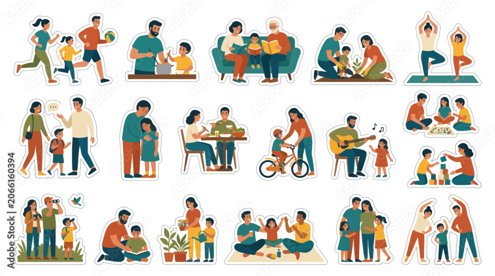 Fototapeta premium Flat Vector Illustrations of Happy Families Engaging in Diverse Activities