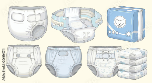 Assorted set of different types of disposable diapers and adult incontinence products with packaging isolated on a soft background.