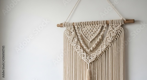 Minimalist Boho Macrame Wall Hanging on White Wall