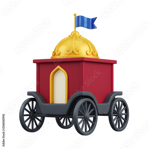 Cartoon style 3D fire truck with helmet and hose
