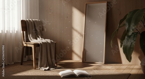 Sunlight streams into a cozy room illuminating a chair and an open book