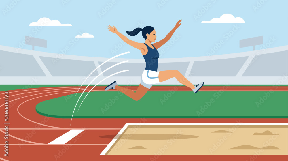Fototapeta premium A graceful flat design illustration of an Asian female long jumper in mid-air, capturing the power and elegance of the sport.
