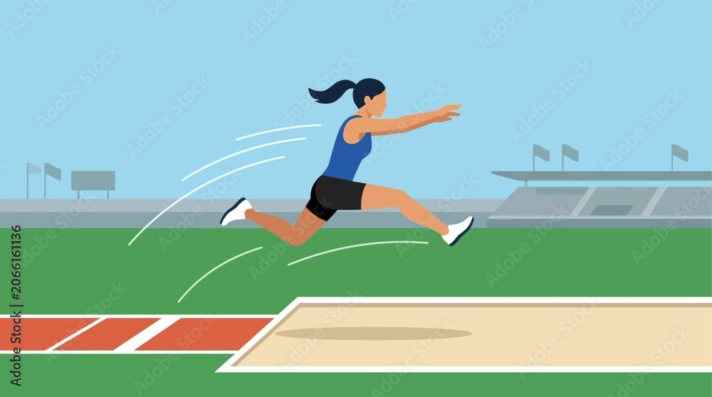 Obraz premium A graceful flat design illustration of an Asian female long jumper in mid-air, capturing the power and elegance of the sport.