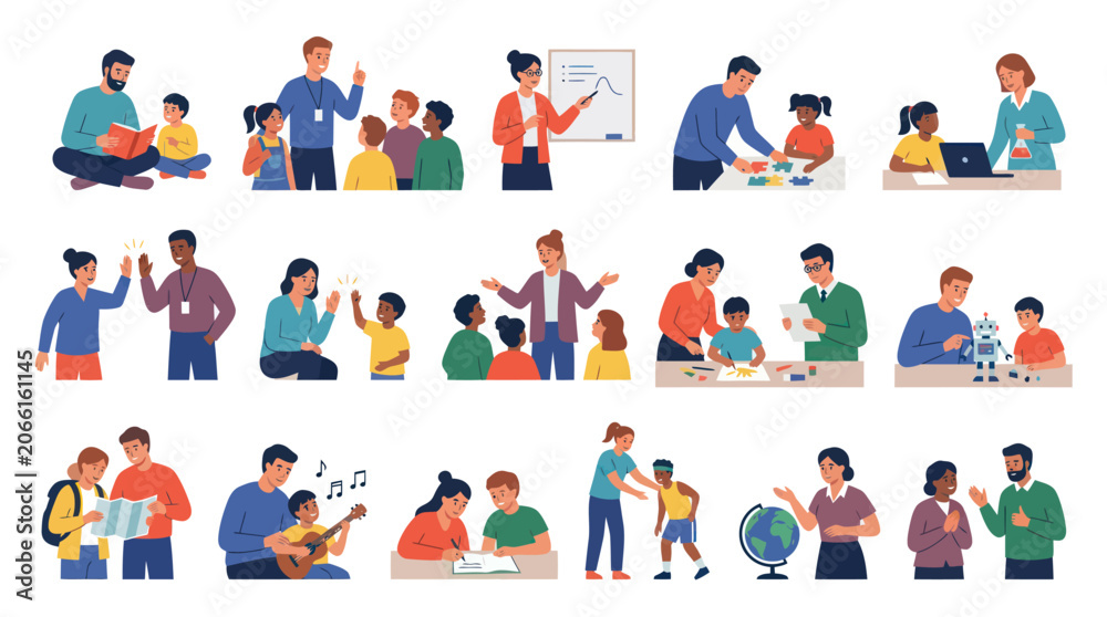 Fototapeta premium Education and Child Development: Adults Teaching Children in Diverse Learning Settings Flat Vector Illustration