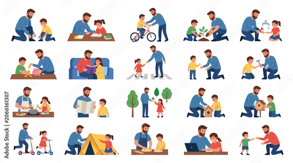 Fototapeta premium Father and son bonding activities, flat vector illustration, family lifestyle