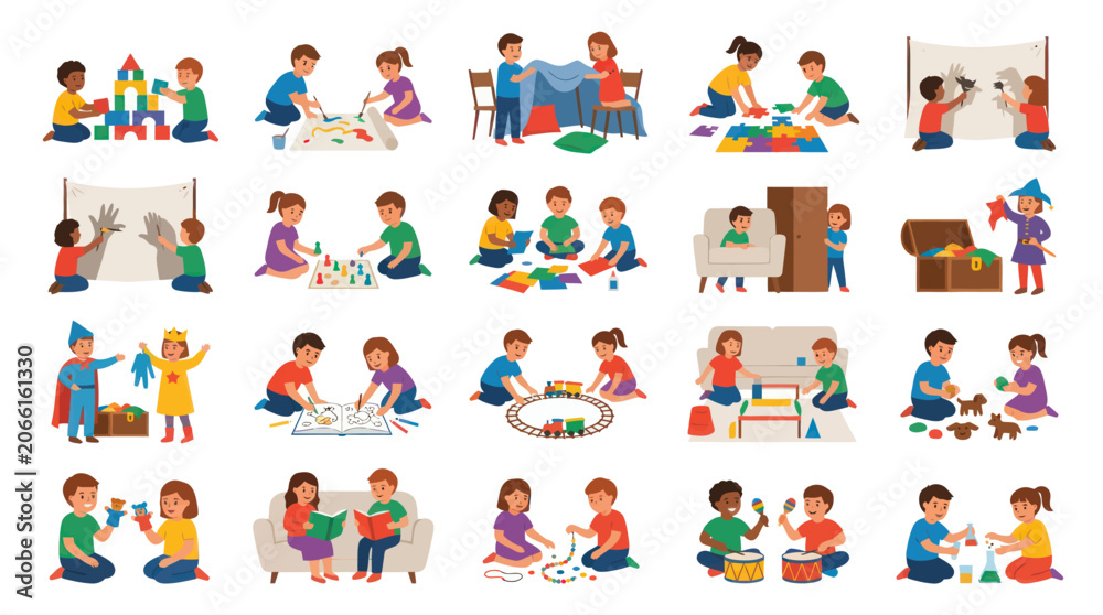 Fototapeta premium Kids Playing Educational Games and Creative Activities Set. Happy Childhood Development Flat Vector Illustrations.