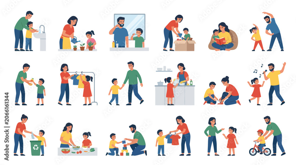 Fototapeta premium Parenting Family Lifestyle: Kids Learning Daily Tasks Flat Vector Illustration Set