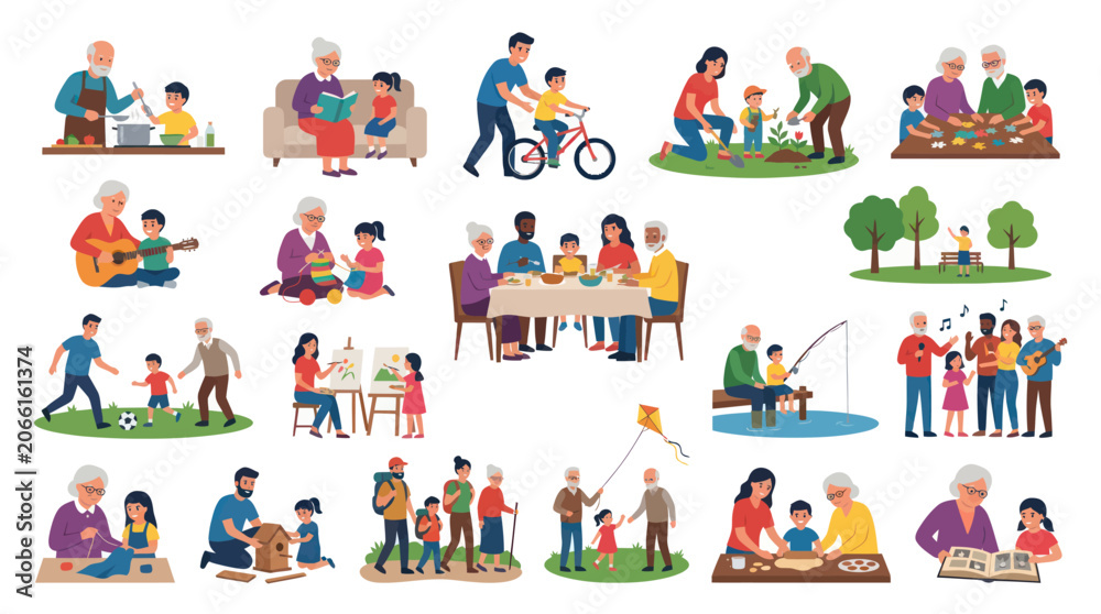Naklejka premium Intergenerational Family Life Activities. Grandparents, Parents, and Children Bonding. Flat Vector Illustration.