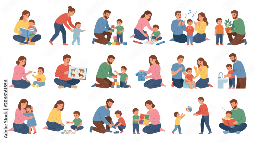 Fototapeta premium Parenting and Childhood Development Flat Illustration Set: Happy Parents and Kids Learning and Playing