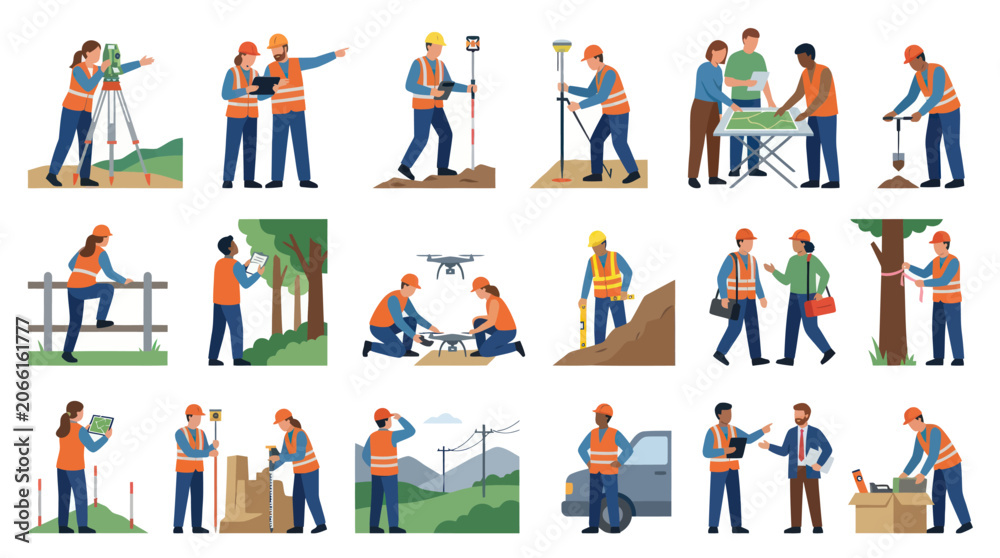 Fototapeta premium Professional Surveying and Civil Engineering Flat Illustration Set: Surveyors with Equipment on Construction Sites