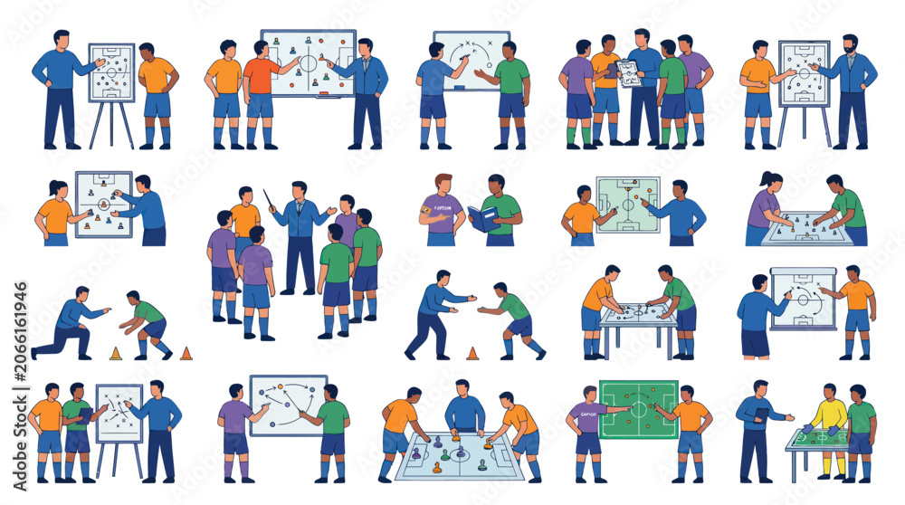 Fototapeta premium Soccer Coach Tactics Board Strategy Teamwork Flat Design Vector Icons