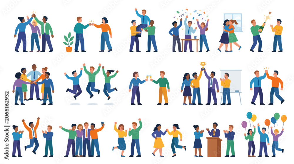 Fototapeta premium Happy diverse business team celebrating success, flat vector illustration