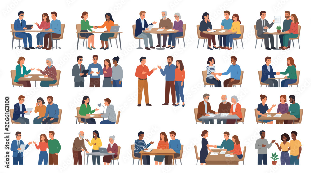 Fototapeta premium Business Meeting Icon Set, Flat Design, Diverse People in Office Scenarios