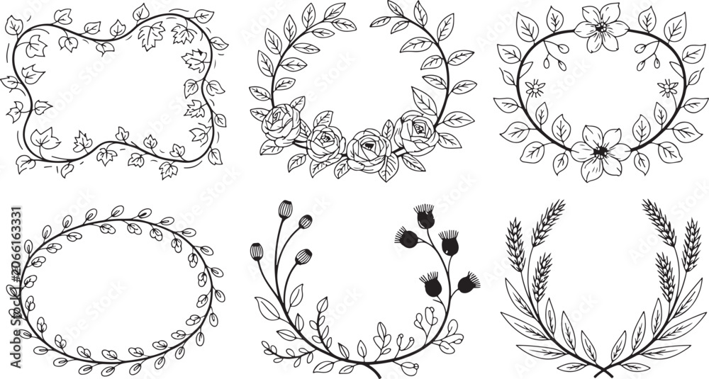 Fototapeta premium Hand drawn floral and leaf decorative frames and borders in black and white line style invitations and