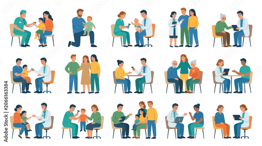 Fototapeta premium Flat Vector Medical Healthcare Consultations: Doctors, Nurses, and Patients of All Ages During Examinations