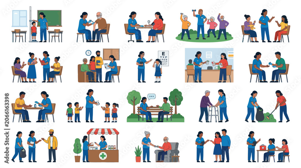 Fototapeta premium Flat Vector Illustrations: Healthcare, Community Support, and Public Health Services