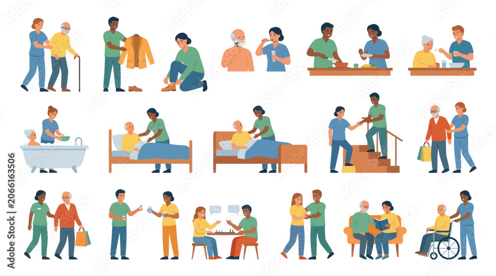Fototapeta premium Senior Care Icons: Diverse caregivers assisting elderly people in daily life activities