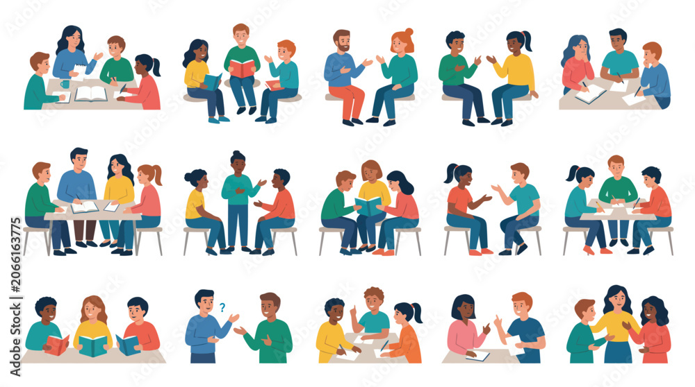 Fototapeta premium Diverse Students Learning and Collaborating in Study Groups, Flat Vector Art