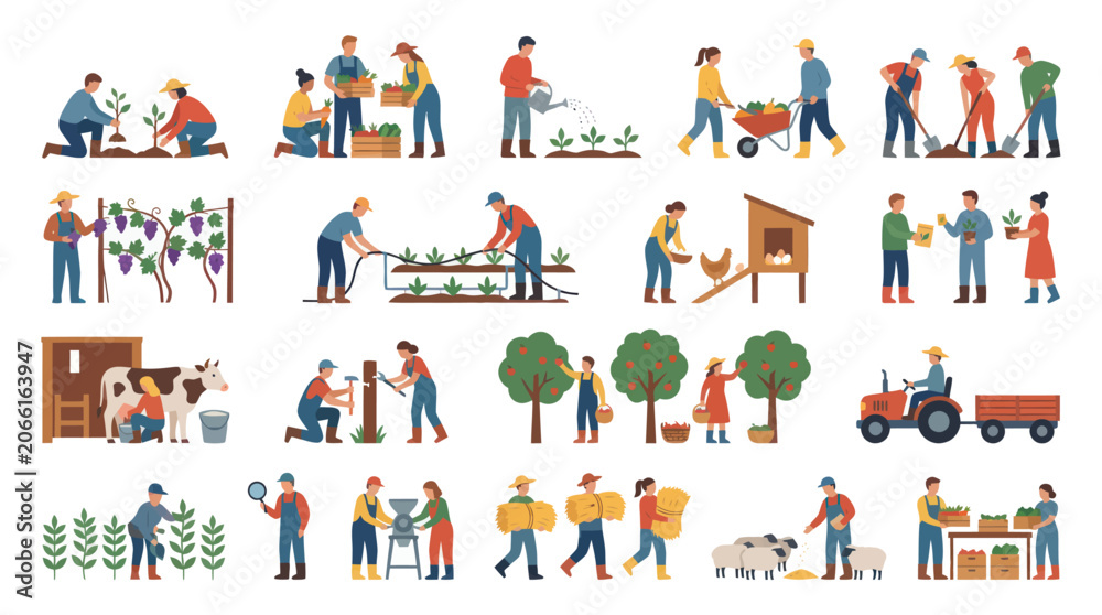 Fototapeta premium Flat Illustration of Farmers Harvesting and Working on a Farm