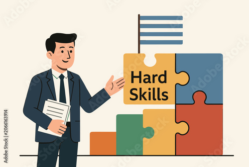 Business professional in suit presenting hard skills puzzle pieces representing technical competencies and training.