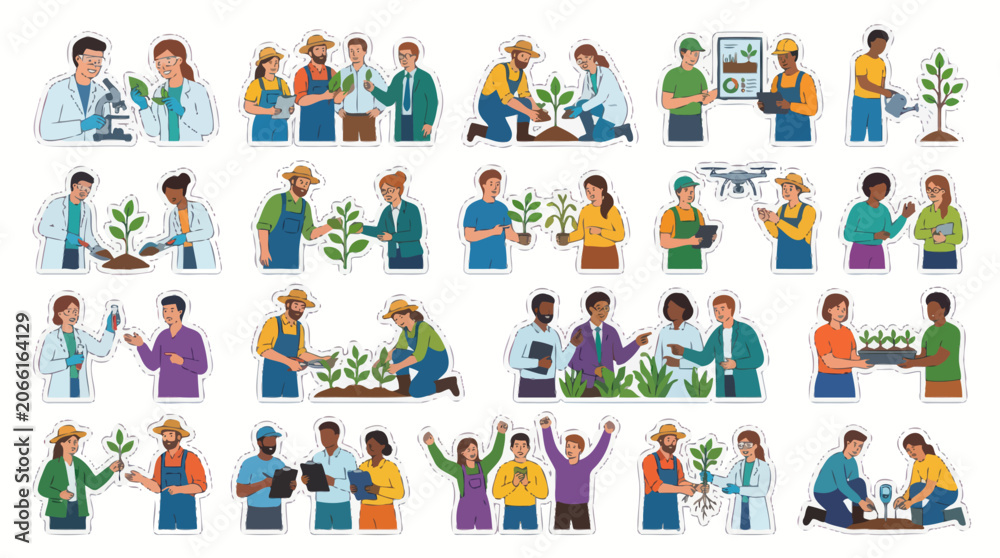 Fototapeta premium Agricultural Scientists and Farmers Flat Vector Illustrations Working with Plants and Technology