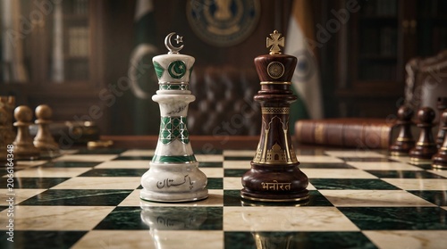 Two ornate king chess pieces representing geopolitical tensions between two neighboring nations stand in a sharp focused standoff on a glossy marble checkered board game surface.