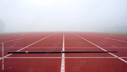 Carbon fiber javelin lying on red running track lane in foggy morning stadium