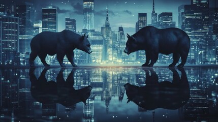 Bull and bear market symbols contrasting against a city skyline, reflecting economic shifts and financial trends