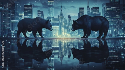 Bull and bear market symbols contrasting against a city skyline, reflecting economic shifts and financial trends