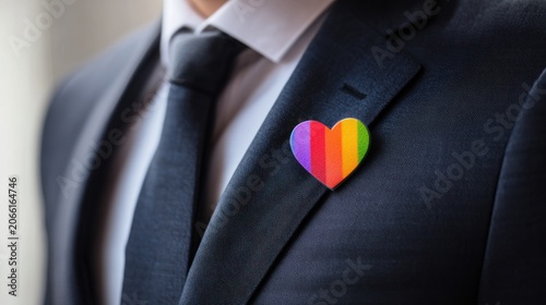 Businessperson proudly sporting a rainbow heart badge on their suit, symbolizing support for LGBTQ rights and equality