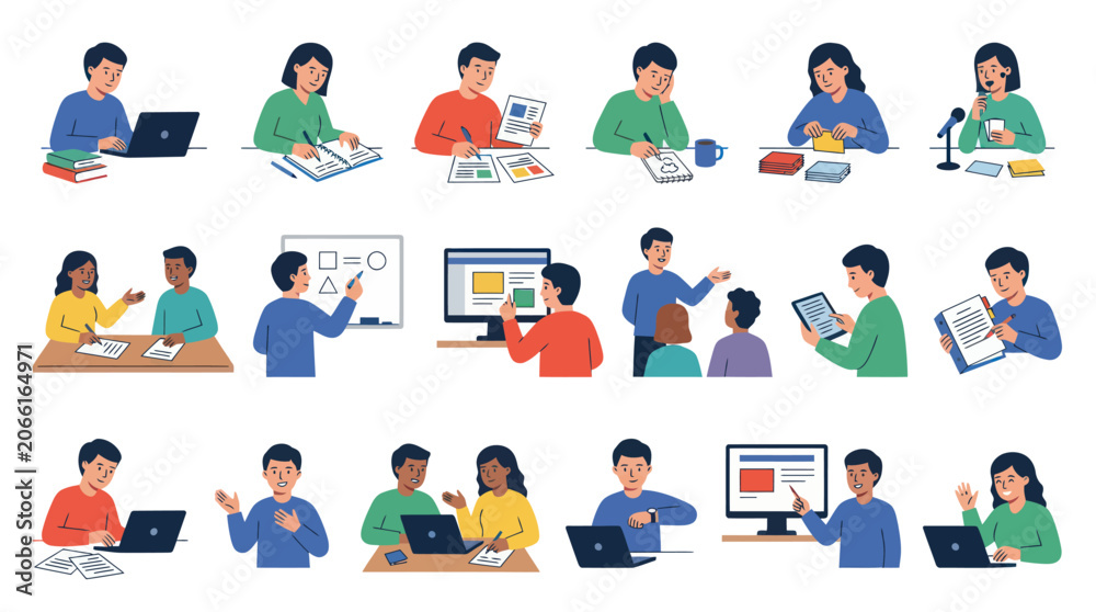 Fototapeta premium Diverse Students Learning Online with Laptops Digital Tools, Flat Vector Illustration