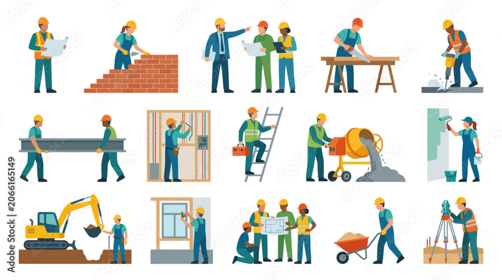 Fototapeta premium Construction worker flat vector illustrations, people working on site