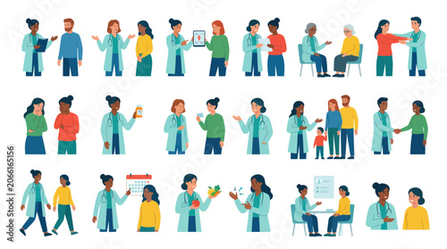Diverse Doctors and Patients Flat Vector Illustration Set Medical Care