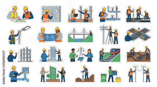 Flat Vector Set: Engineering, Construction  Industrial Workers. Infrastructure  Utilities Professionals Illustrations