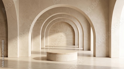 Modern beige stone cylindrical product display podium stands elegantly inside a bright architectural hallway featuring repeating arches and soft warm natural sunlight casting long sharp shadows