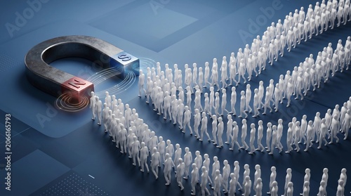 A large industrial magnet attracts a massive crowd of white stylized human figures representing marketing strategy and customer acquisition concepts in a clean digital style