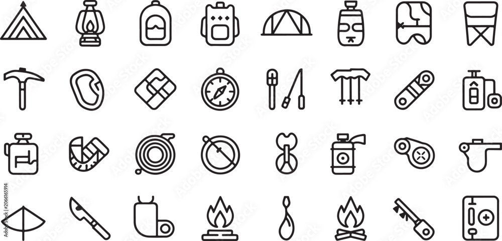 Naklejka premium Line for camping and hiking gear including tents, backpacks, lanterns, compasses, and cooking equipment