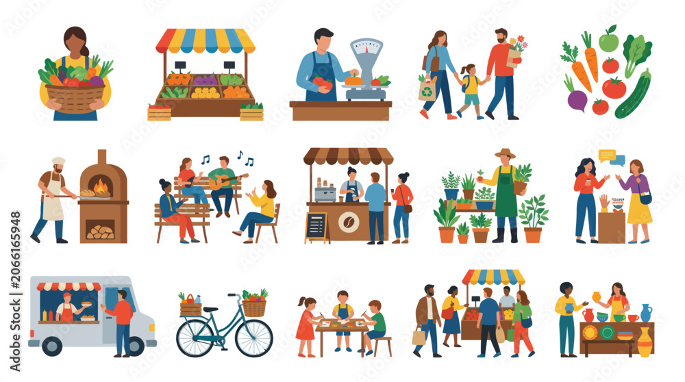 Fototapeta premium Food Market Flat Illustration Set Featuring Local Shopping, Vendors, Customers, and Organic Produce