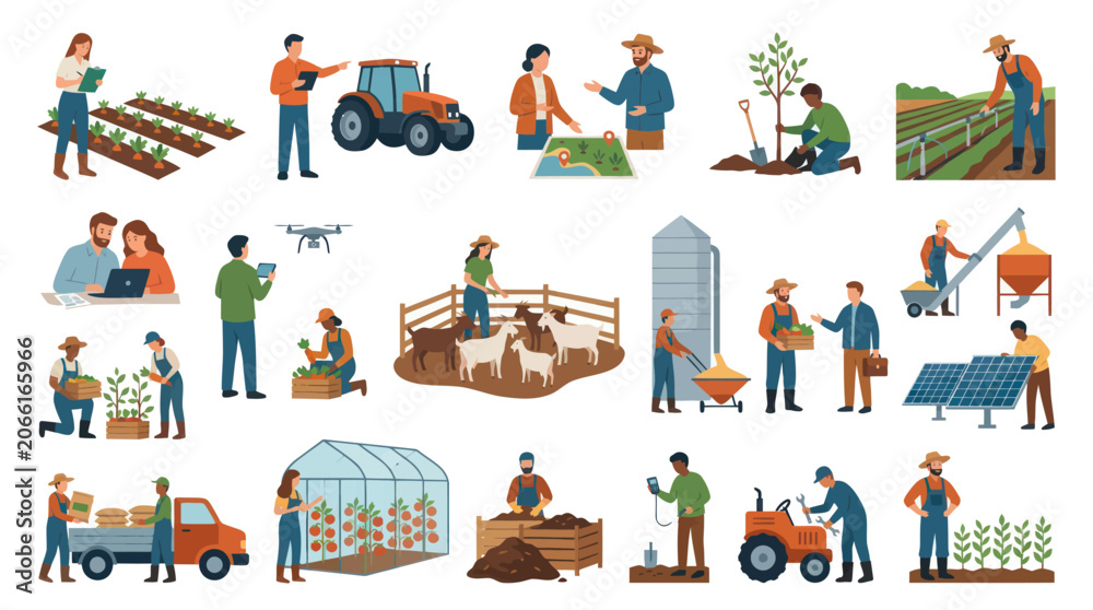 Fototapeta premium Farming and Agriculture Flat Vector Icons: Modern Rural Life and Technology