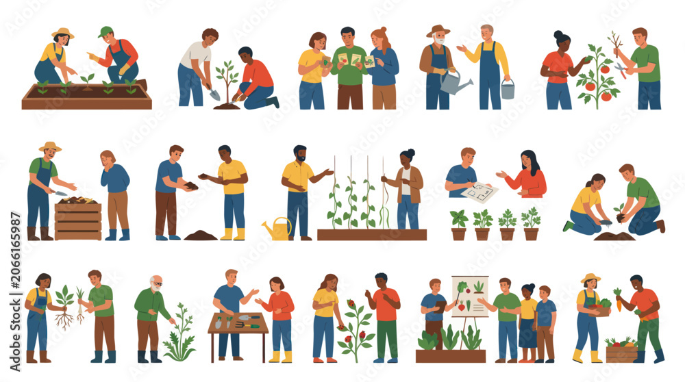 Fototapeta premium Flat Vector Illustrations of People Gardening and Farming, Healthy Lifestyle Concept