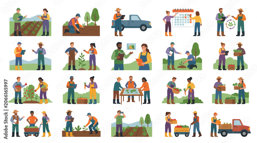 Fototapeta premium Flat Vector Farmers Agriculture Activities Illustration: People Planting, Gardening, Harvesting, Crop Management